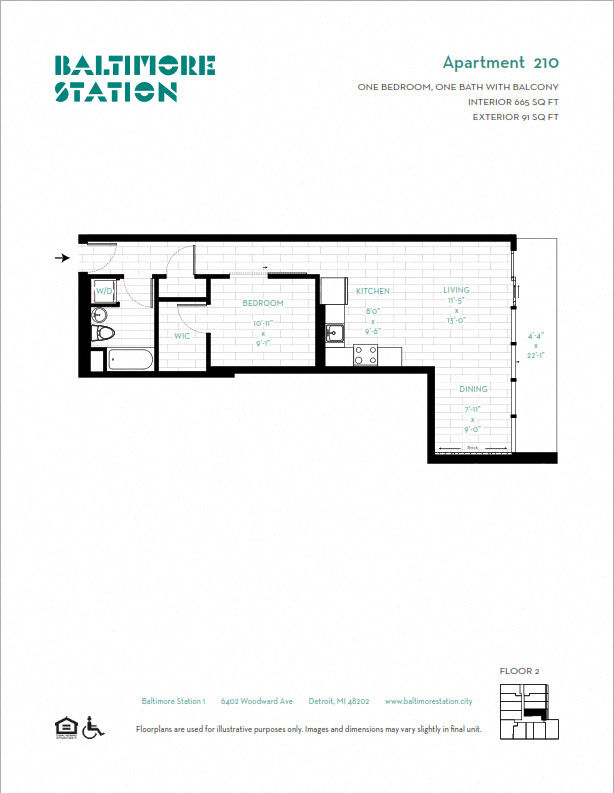 Floor plan for 1 bed, 1 bath, 665 sqft